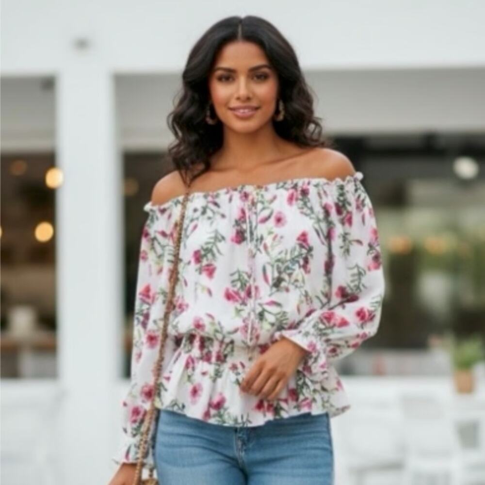 INC Floral Peasant Top M Off Shoulder Ruffle Romantic Fairycore Cottagecore